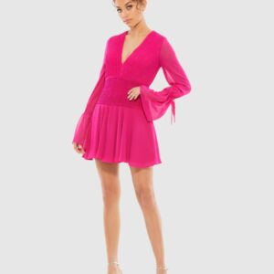 Pleated Bell Sleeve Chiffon Mini Dress - FINAL SALE