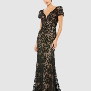 Lace Plunge Neck Short Puff Sleeve Trumpet Gown