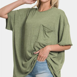 Zenana Drop Shoulder Oversized Front Pocket T-Shirt