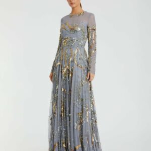Long Sleeve Embellished Illusion Evening Gown