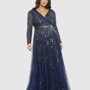 Embellished Illusion Long Sleeve V Neck A Line Gown (Plus)