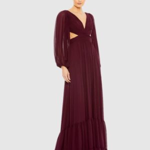 Pleated Cut Out Long Sleeve Lace Up Tiered Gown
