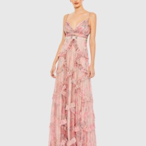 Ruffled Sleeveless V Neck A Line Gown