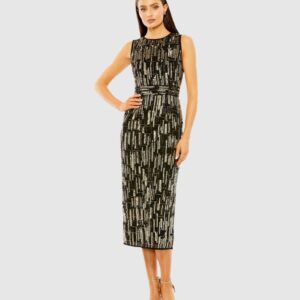 Abstract Beaded Sleeveless Midi Dress