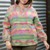 Plus Size Geometric Drawstring Half Zip Hoodie with Pocket
