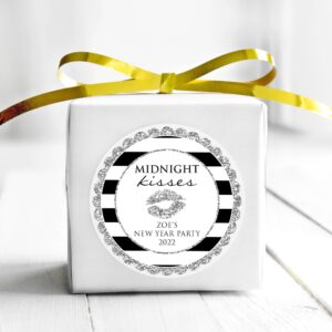 New Year's Eve Party Stickers Midnight Kisses Goodie Bag Stickers Treats Silver Black Set of 24
