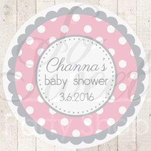 girl's party favor sticker labels pink and gray polka dot